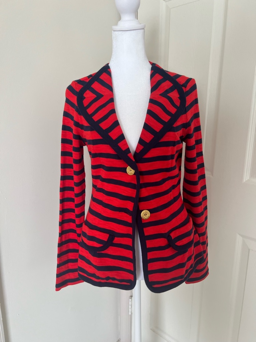 CAbi Red and Navy Striped Knit Blazer with Gold Buttons